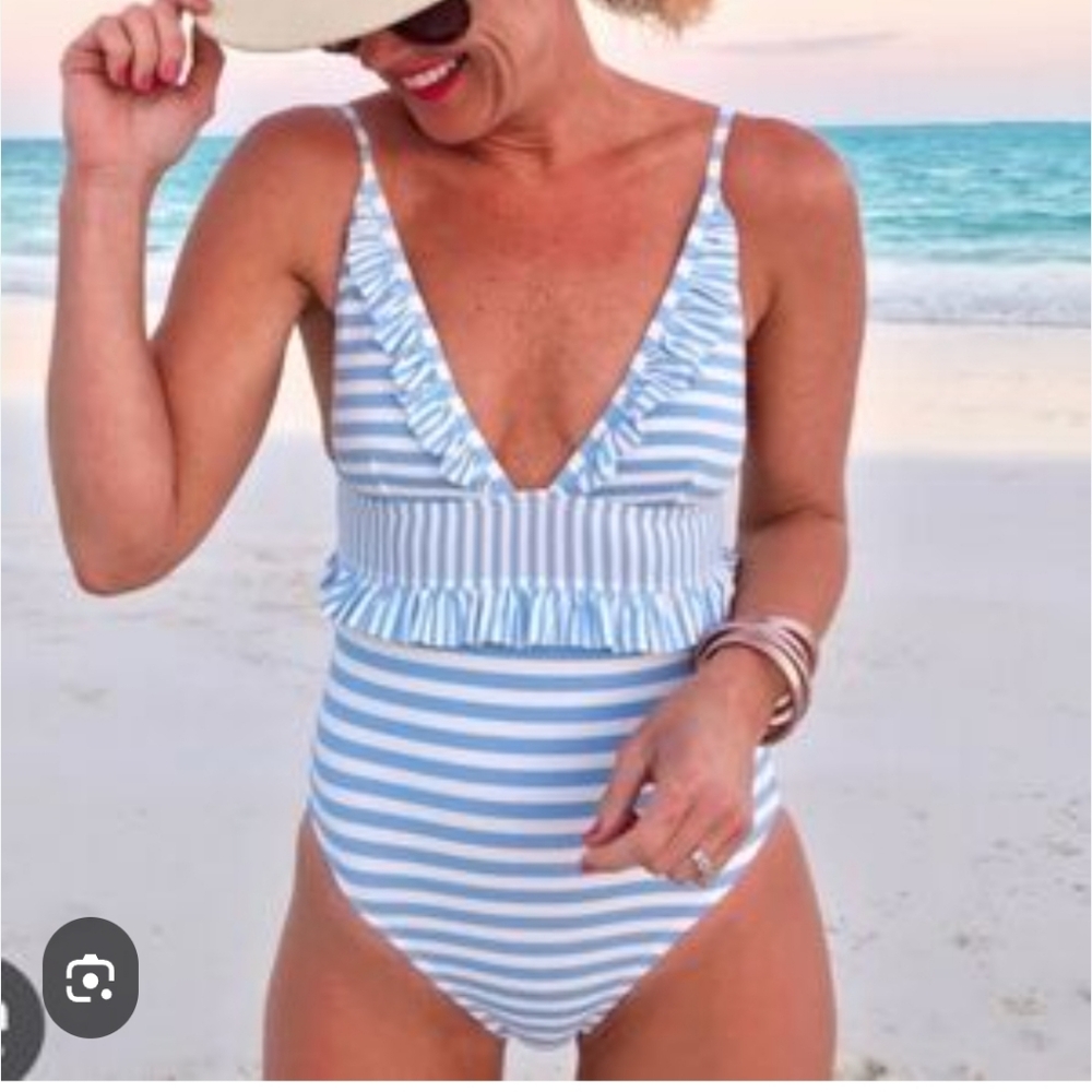 J. Crew Ruffle Plunging  Blue and White Striped Women's One Piece Swimsuit - Picture 10 of 12